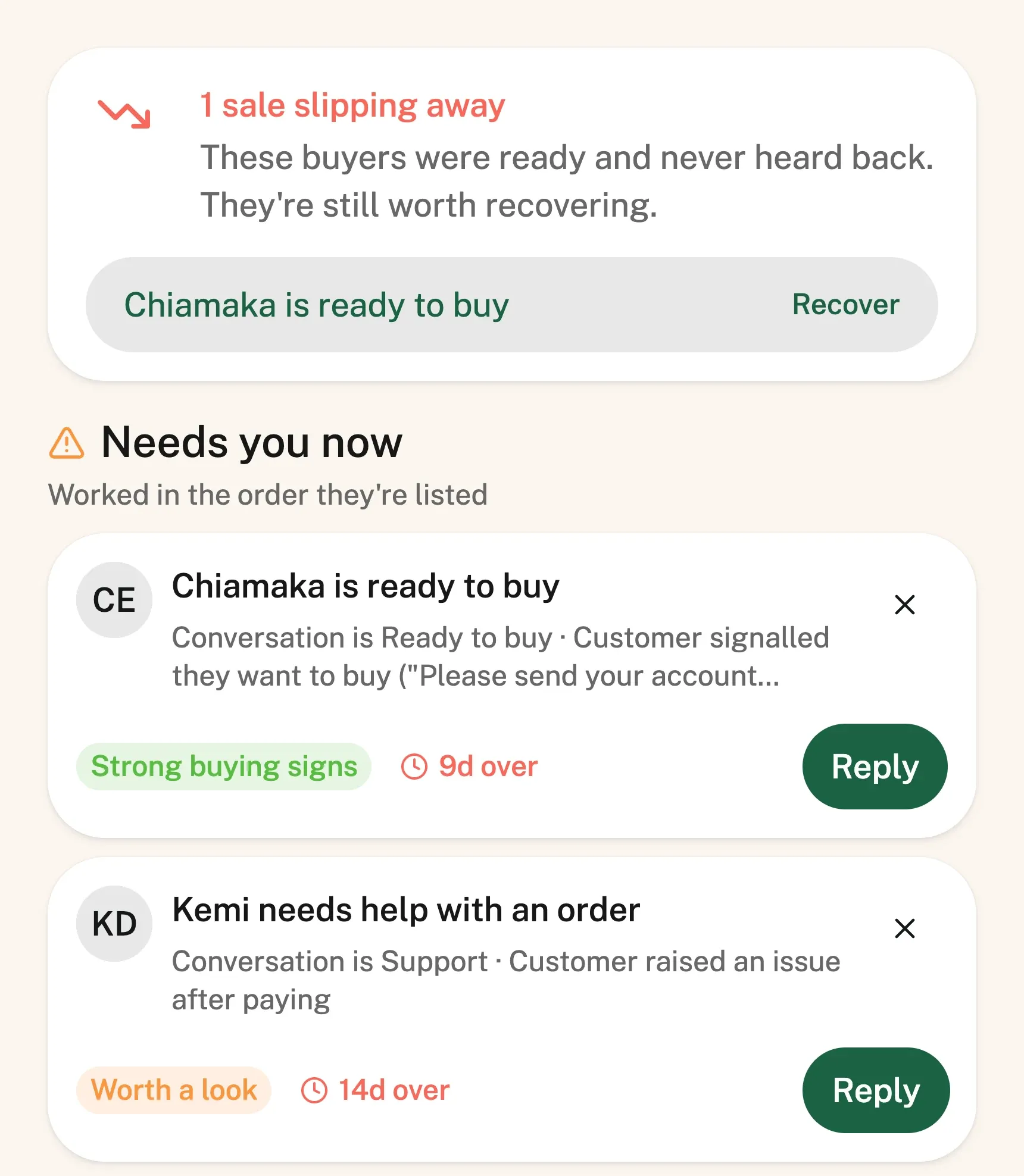 The follow-up queue on the Viyn home screen: a banner for a sale slipping away, then rows headed “Needs you now”, each with why it was raised, a buying-signal label, how long it is overdue, and a Reply button.