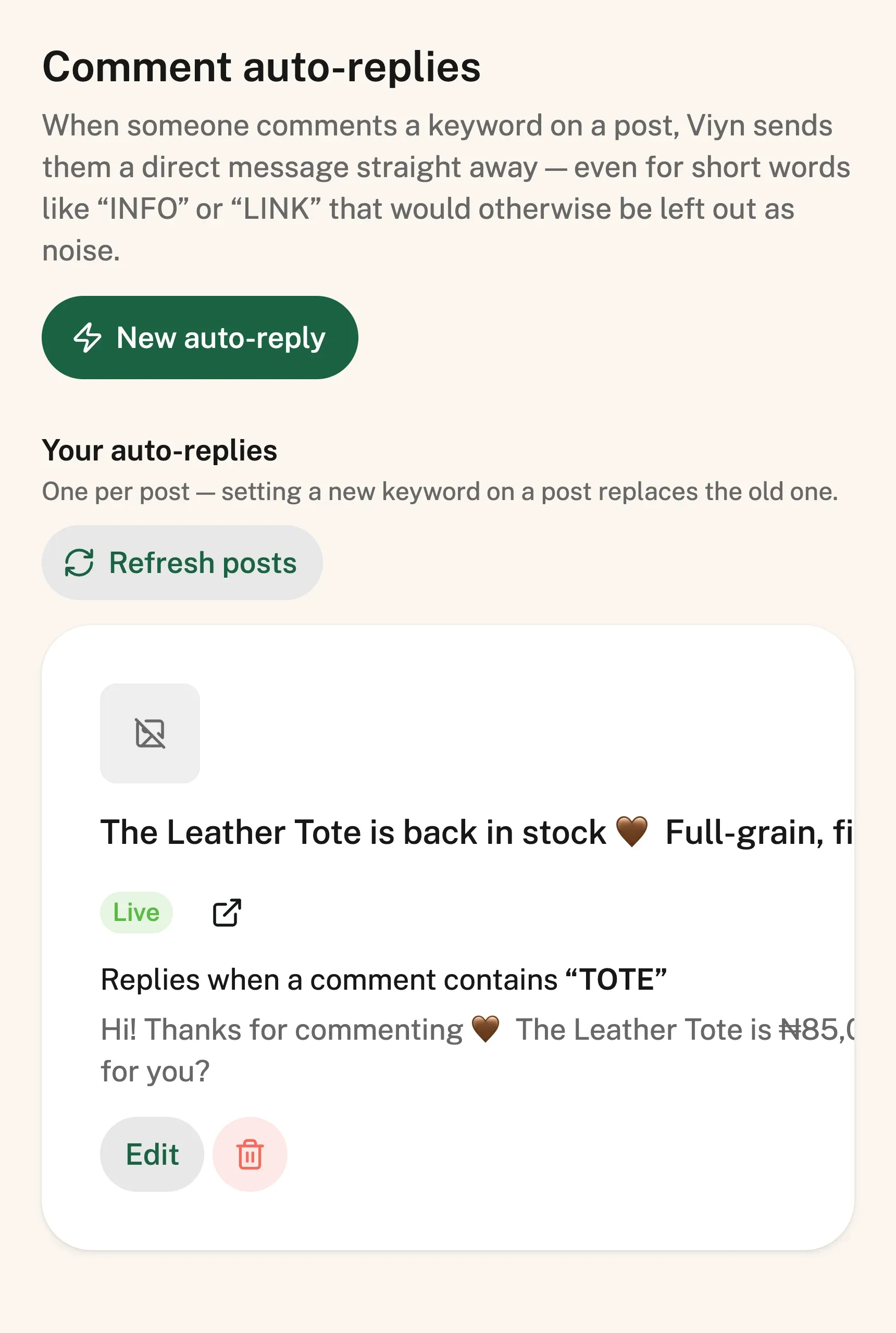 The comment auto-replies screen: one live rule on one post, showing the keyword it watches for and the direct message it sends, with buttons to edit or delete it.
