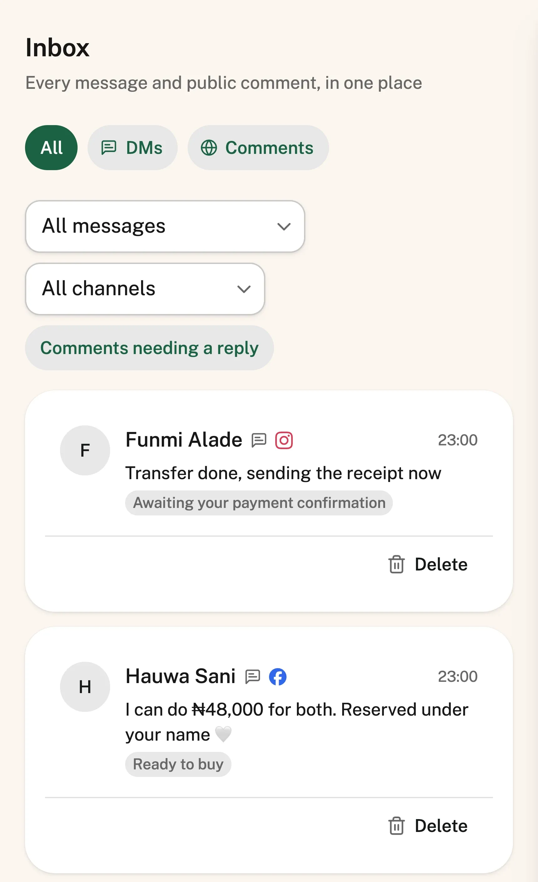 The Viyn inbox on a phone: filters for all messages, DMs and comments, a channel filter, and conversations from Instagram and Facebook each labelled with its state — “Awaiting your payment confirmation”, “Ready to buy”.