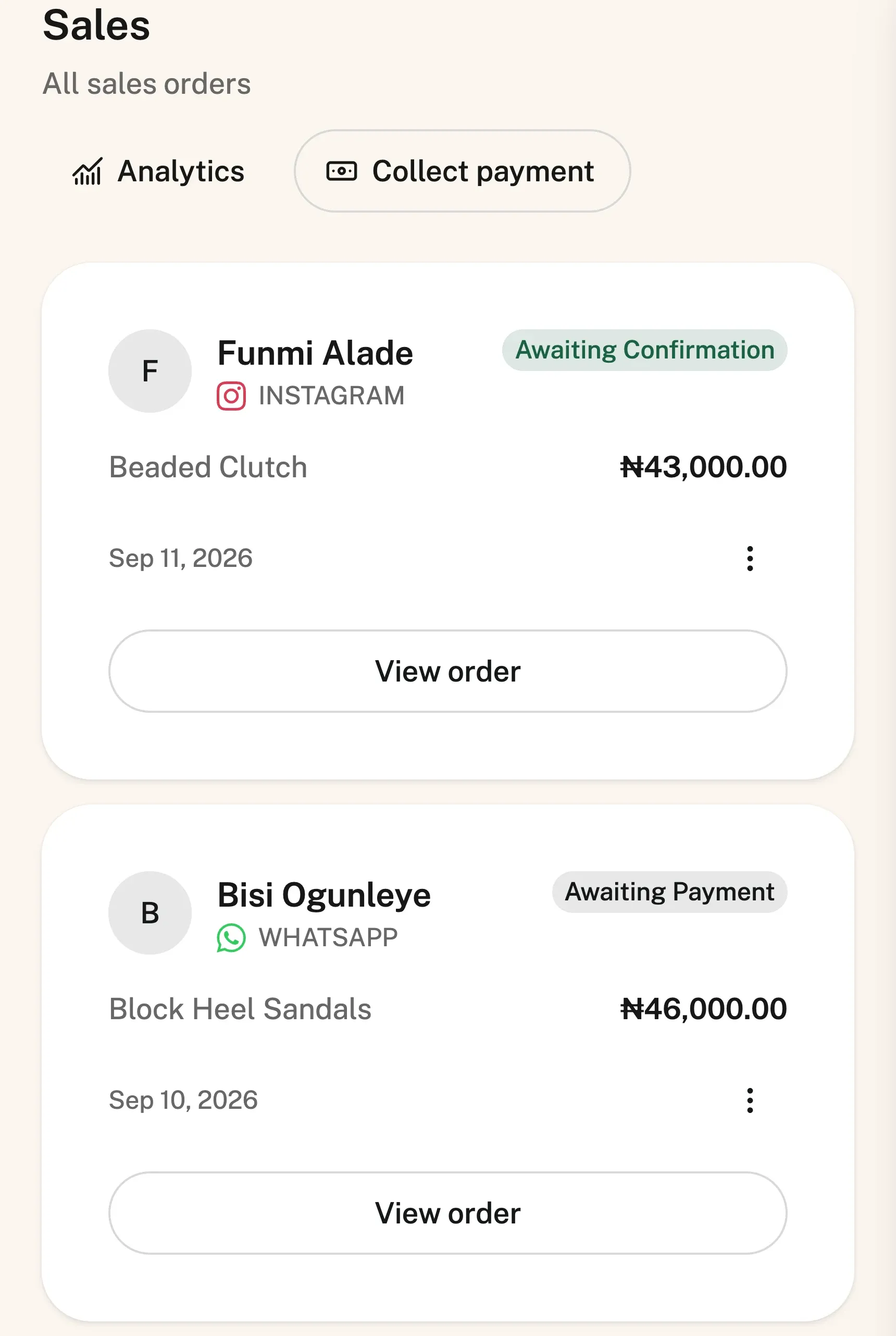 The sales list on a phone: orders from Instagram and WhatsApp, each with the customer, the product, the amount and a payment state — Awaiting Confirmation, Awaiting Payment, Paid.