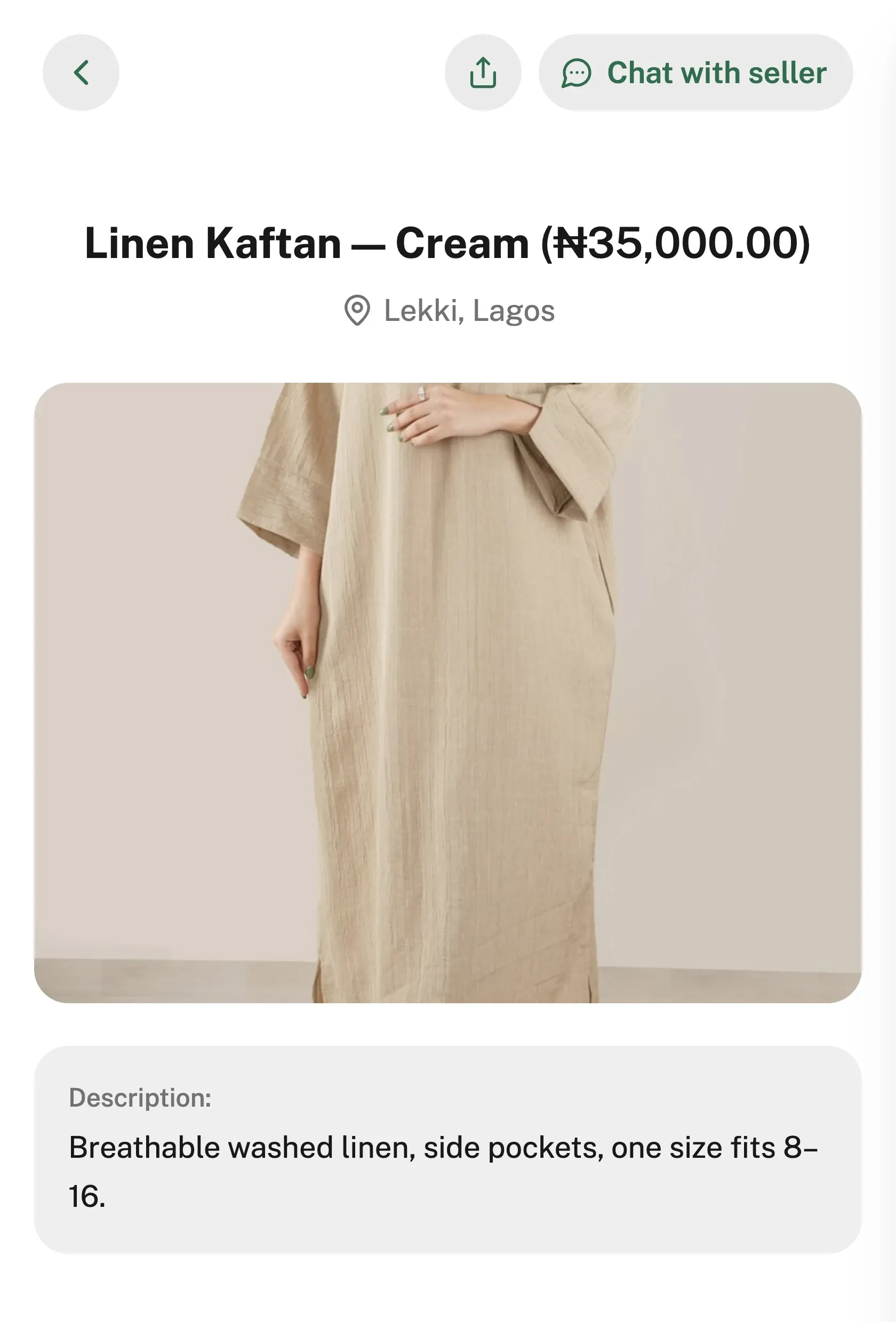 A product page for the Linen Kaftan — Cream at ₦35,000, with its photo, description and a “Chat with seller” button in the header.