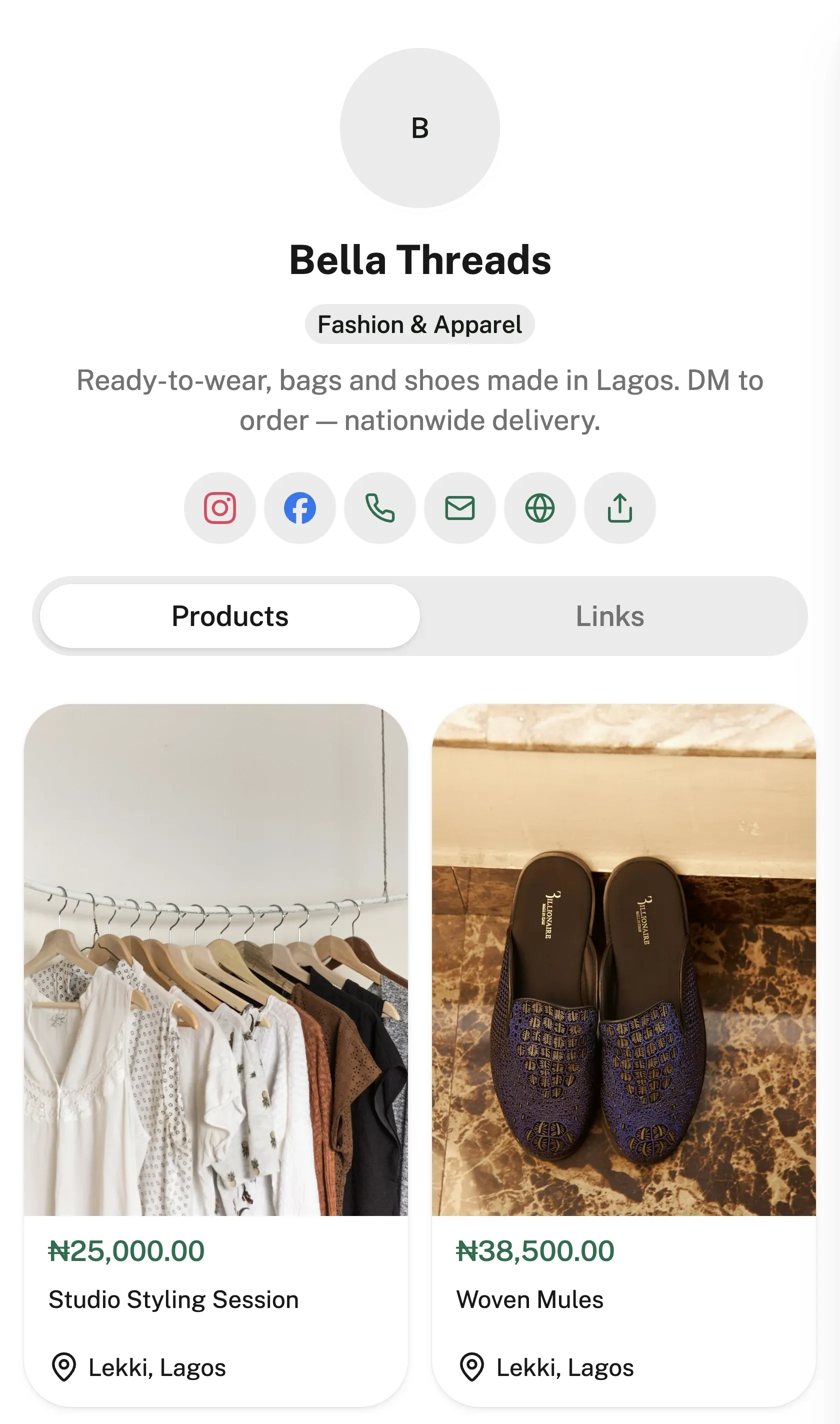The Bella Threads storefront on a phone: the shop name and category, tabs for Products and Links, and a grid of products each showing a photo, a price and a location.