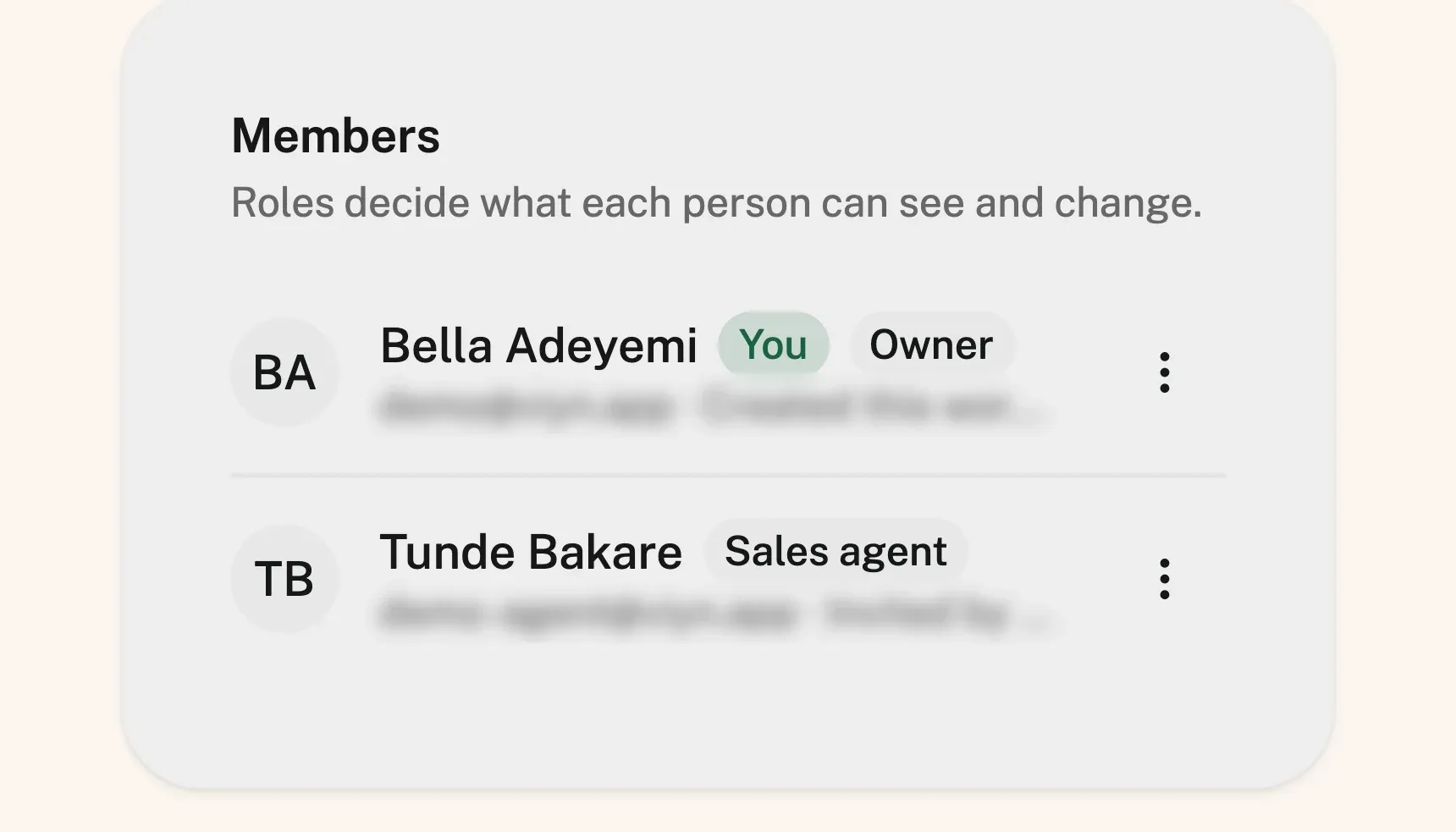 The workspace members list: two teammates, one marked Owner and one Sales agent, with a note that roles decide what each person can see and change.
